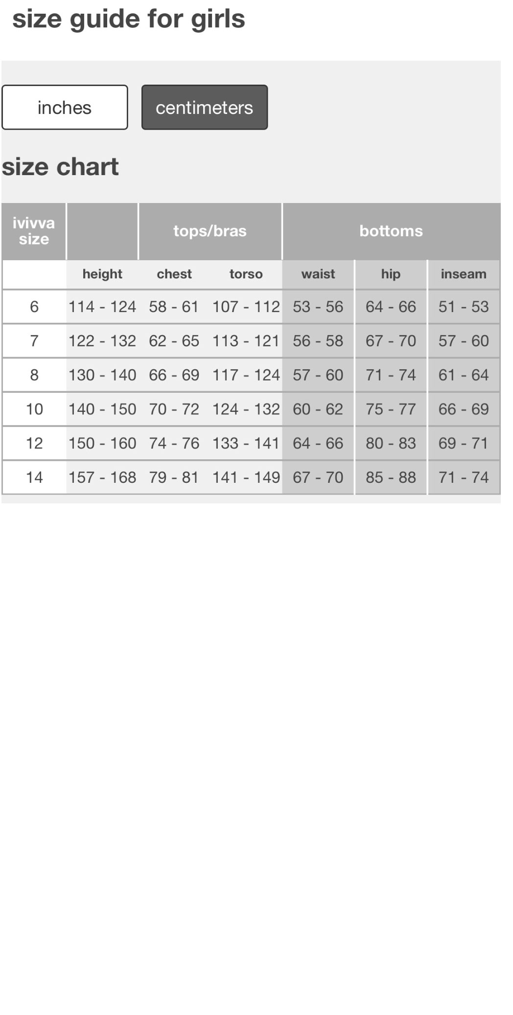 Ivivva Size Chart