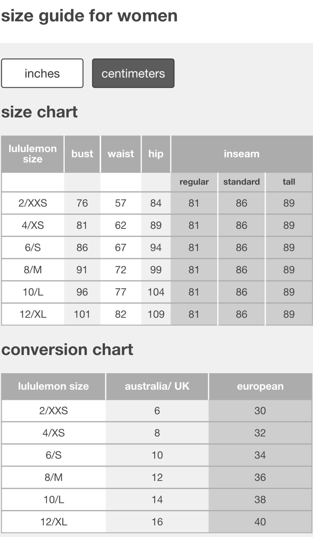 Ivivva Size Chart