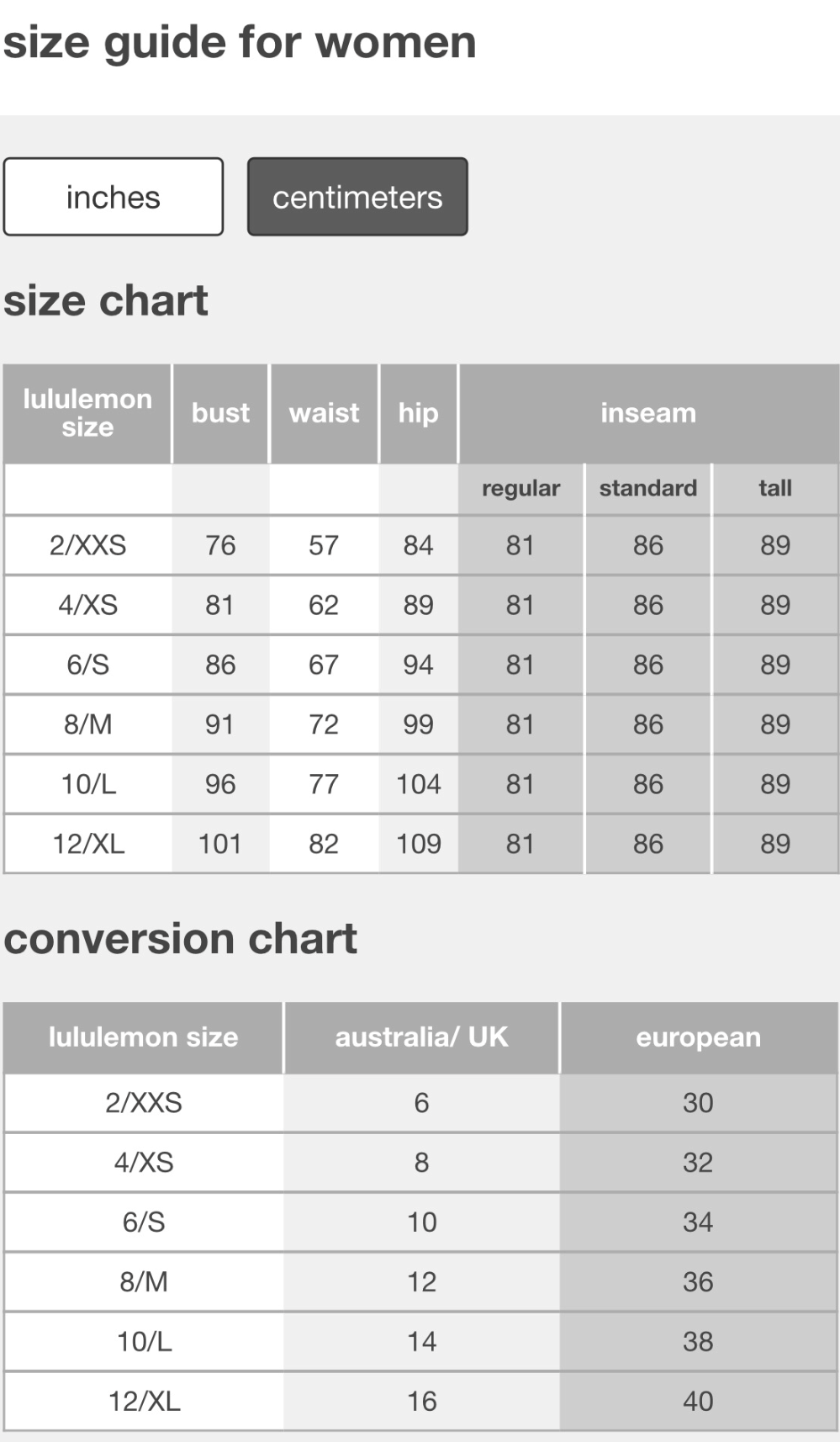 ivivva leggings size charts printable